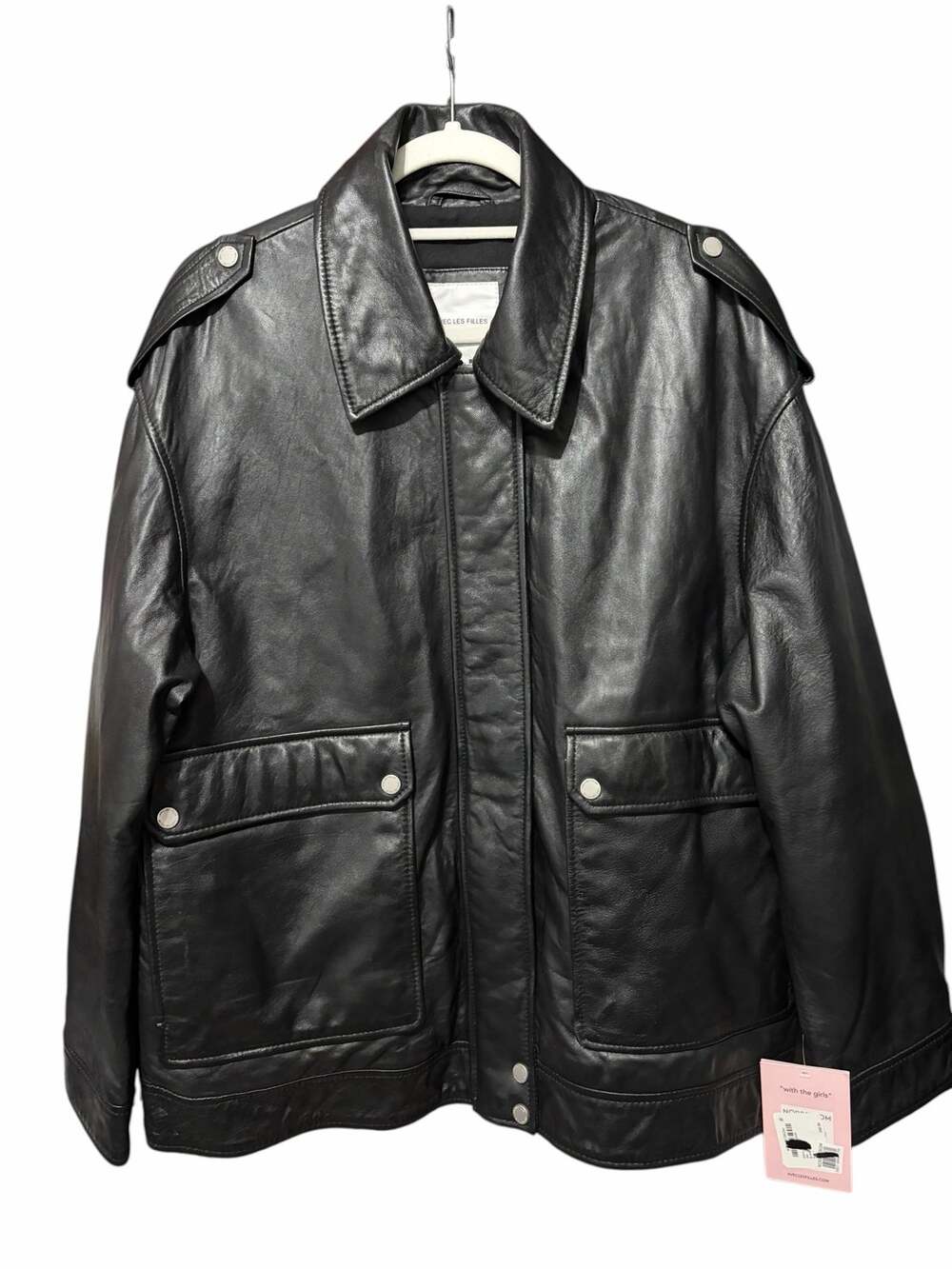 Avec Les Filles Leather Aviator Jacket Womens Large Black Snap Pocket Collar NWT